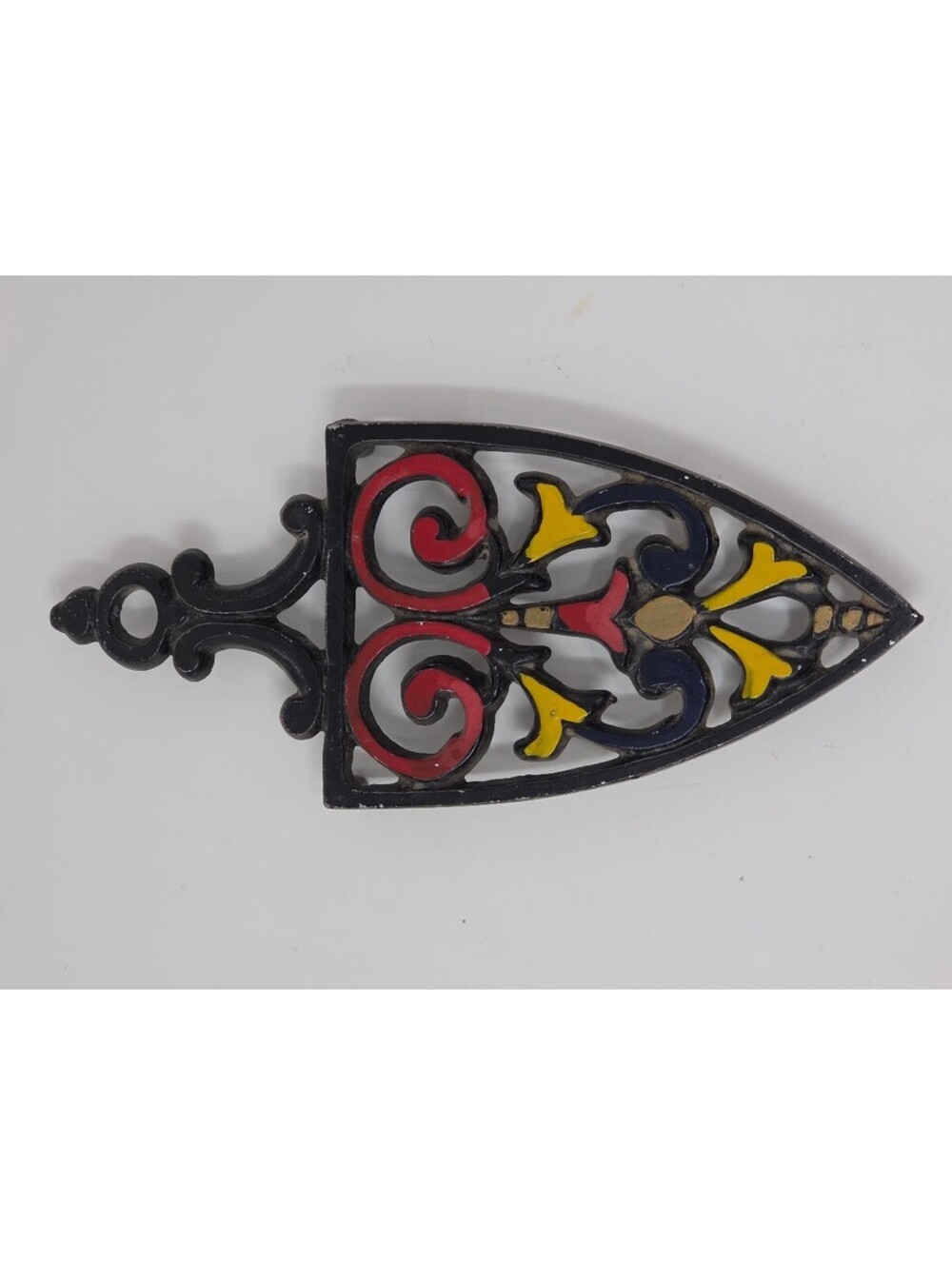 Decorative Metal Trivet Red Yellow Blue Scrollwork Footed Hot Plate Stand